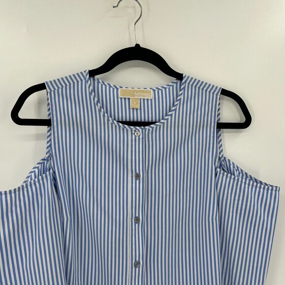 MICHAEL KORS Blue White Striped Cold Shoulder Light Button Up Blouse Size Medium - Picture 3 of 6